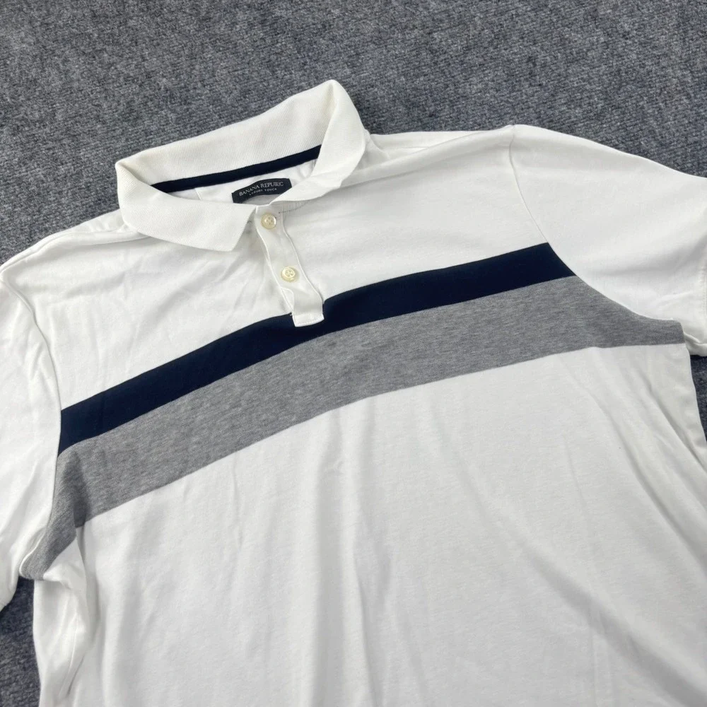 Banana Republic Polo Shirt XL White Striped Luxury Touch Standard Fit Mens